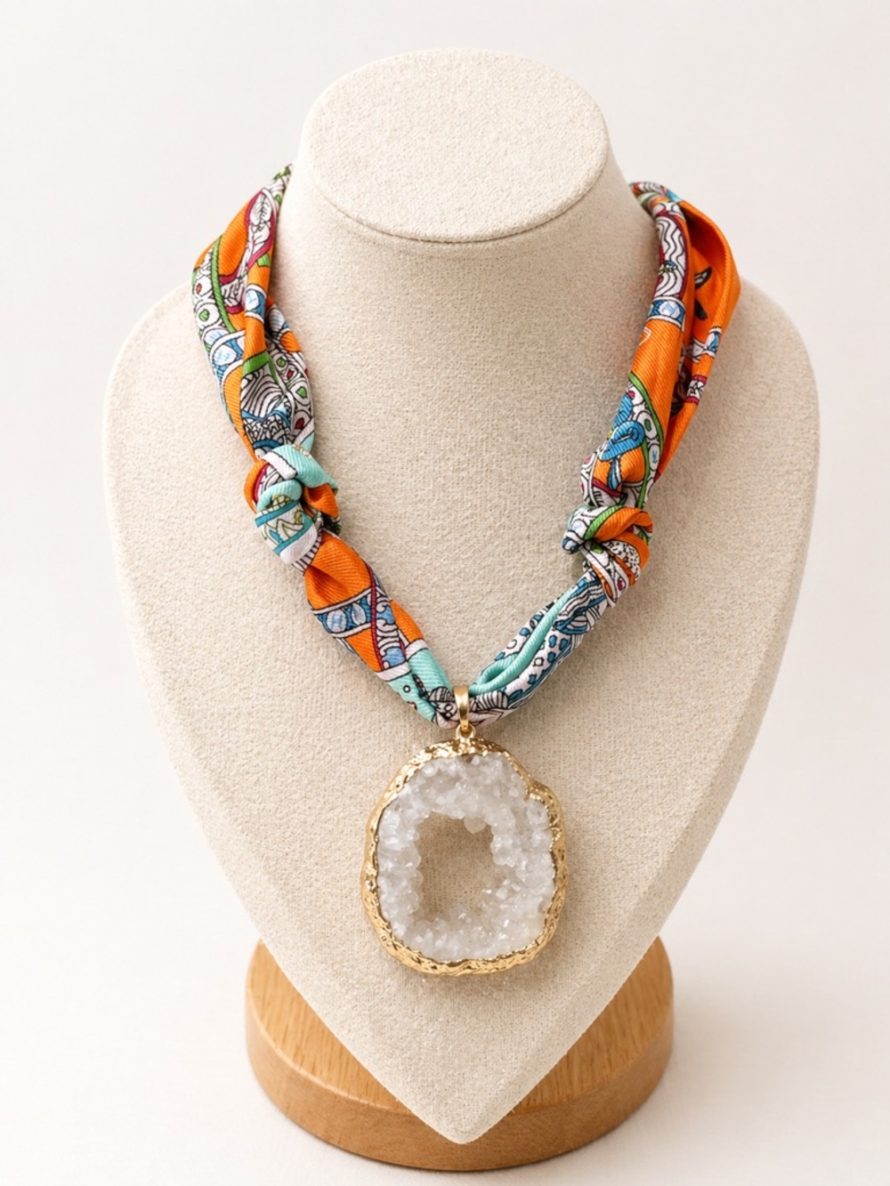 Gold-Trim Druzy Pendant Scarf Necklace in Orange & Aqua